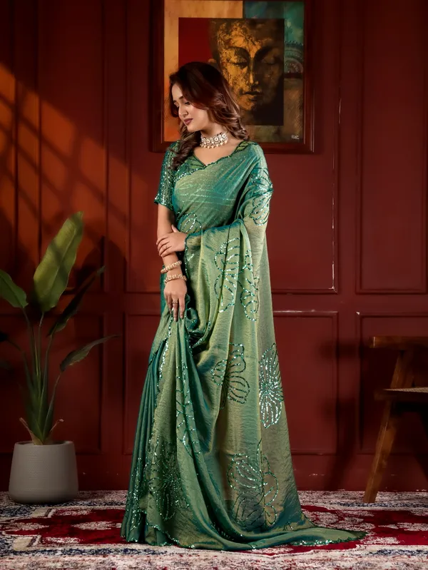 Green_Satin_Chiffon_Embellished_Saree_With_Blouse_For_Women