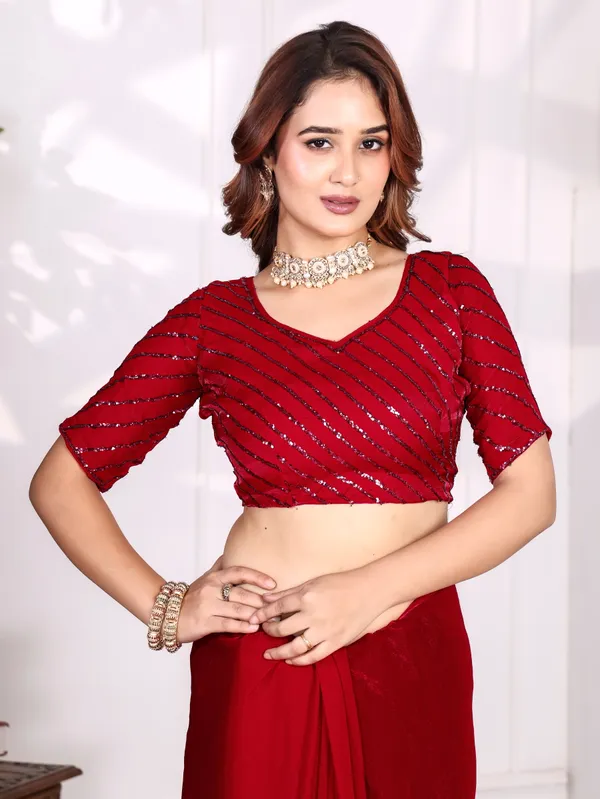 Red_Satin_Chiffon_Sequin_Embellished_Saree_With_Blouse_For_Women