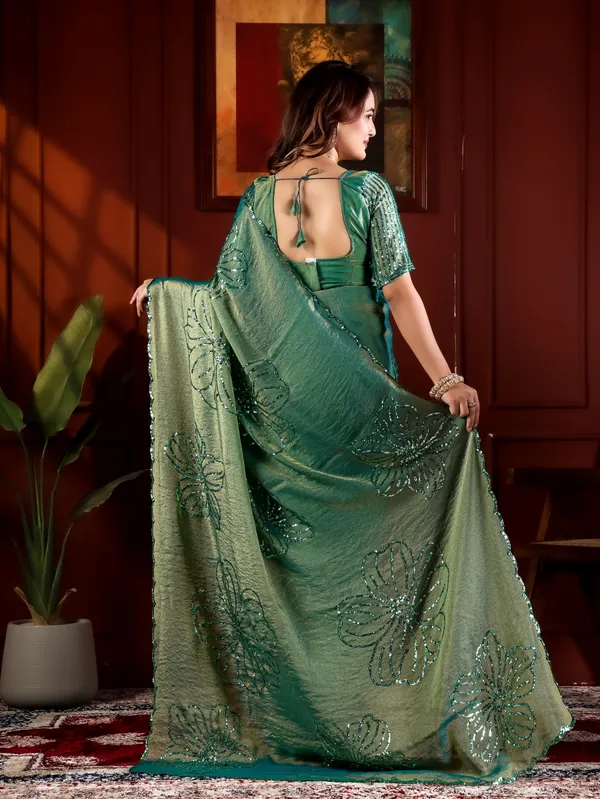 Green_Satin_Chiffon_Embellished_Saree_With_Blouse_For_Women