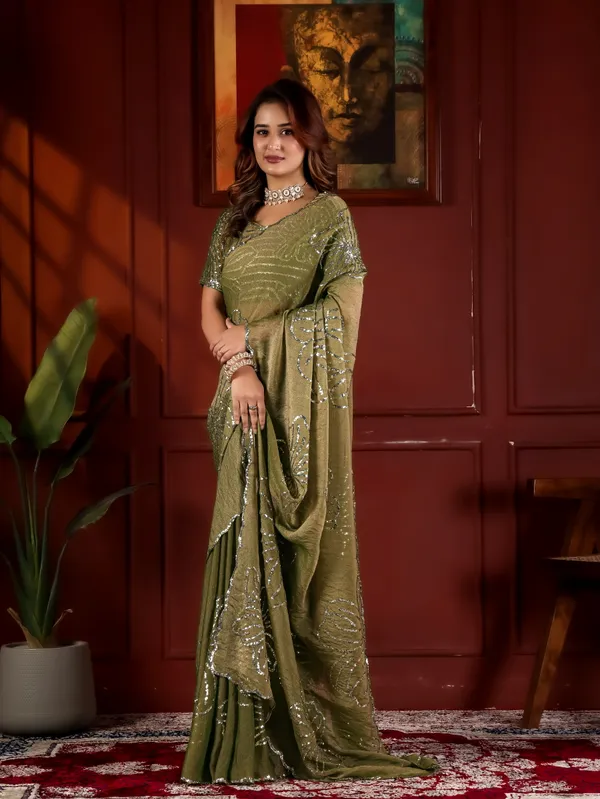 Olive_Green_Satin_Chiffon_Sequin_Embellished_Saree_With_Blouse_For_Women