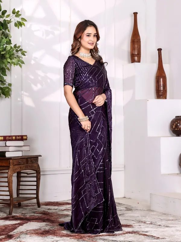 Purple_Satin_Chiffon_Sequin_Embellished_Saree_With_Blouse_For_Women