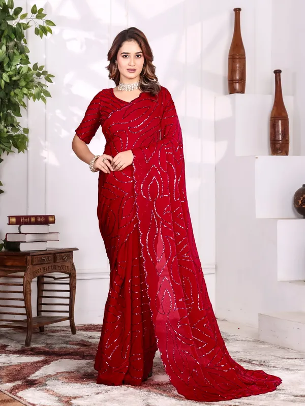 Red_Satin_Chiffon_Sequin_Embellished_Saree_With_Blouse_For_Women
