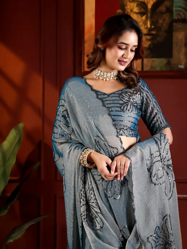 Grey_Moss_Chiffon_Sequin_Work_Saree_With_Blouse_For_Women