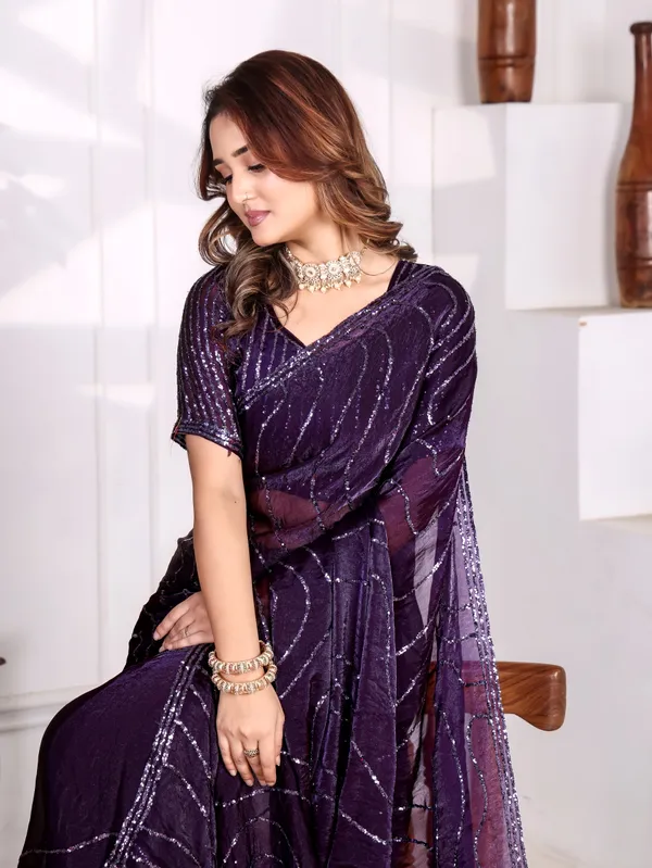 Purple_Satin_Chiffon_Sequin_Embellished_Saree_With_Blouse_For_Women