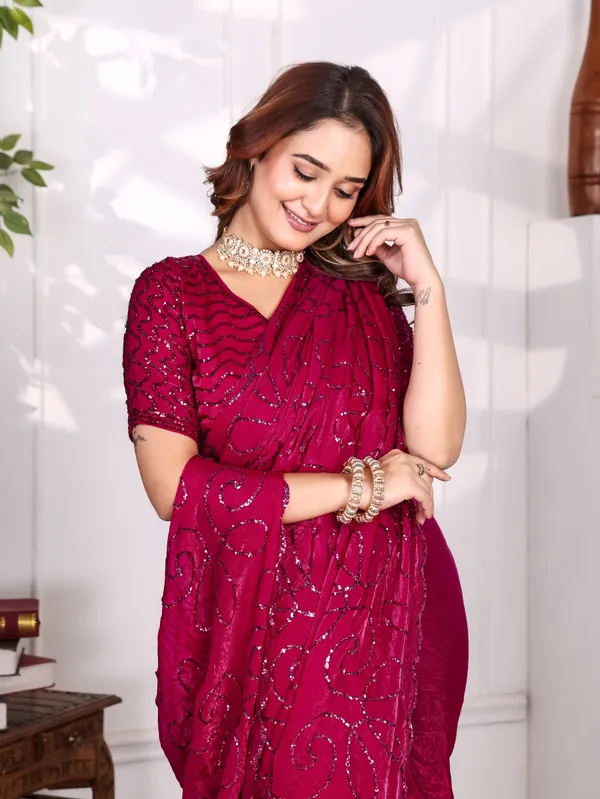 Magenta_Satin_Chiffon_Sequin_Work_Saree_With_Blouse_For_Women