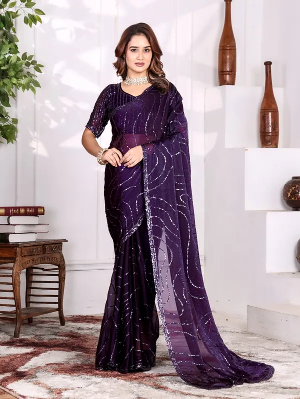 Purple_Satin_Chiffon_Sequin_Embellished_Saree_With_Blouse_For_Women