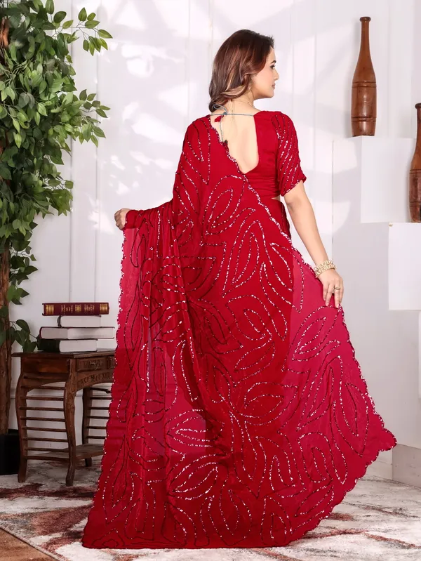 Red_Satin_Chiffon_Sequin_Embellished_Saree_With_Blouse_For_Women