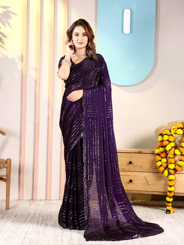 Purple_Satin_Chiffon_Sequin_Embellished_Saree_With_Blouse_For_Women