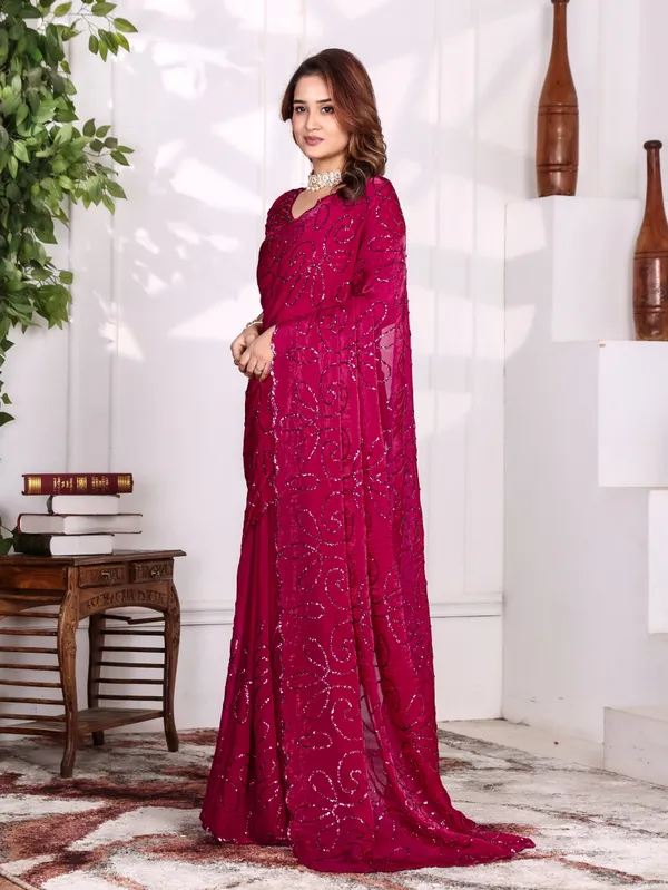 Magenta_Satin_Chiffon_Sequin_Work_Saree_With_Blouse_For_Women
