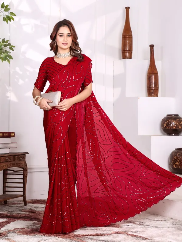 Red_Satin_Chiffon_Sequin_Embellished_Saree_With_Blouse_For_Women