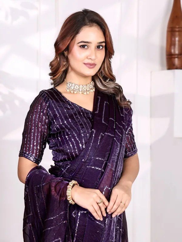 Purple_Satin_Chiffon_Sequin_Embellished_Saree_With_Blouse_For_Women