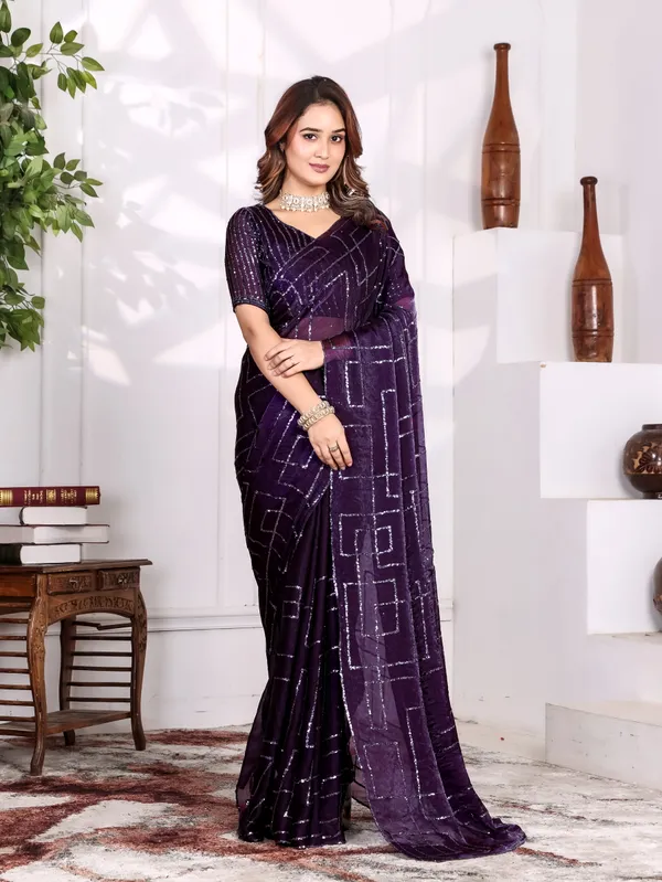Purple_Satin_Chiffon_Sequin_Embellished_Saree_With_Blouse_For_Women