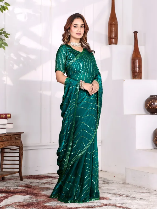 Green_Satin_Chiffon_Sequin_Bandhani_Saree_With_Blouse_For_Women