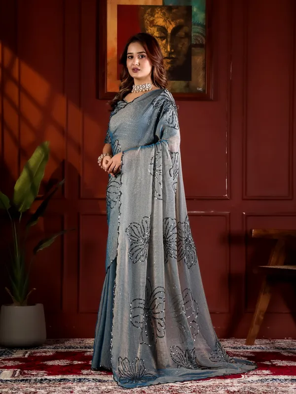 Grey_Moss_Chiffon_Sequin_Work_Saree_With_Blouse_For_Women