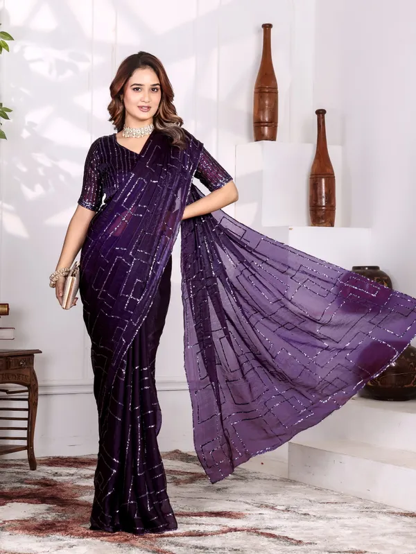 Purple_Satin_Chiffon_Sequin_Embellished_Saree_With_Blouse_For_Women