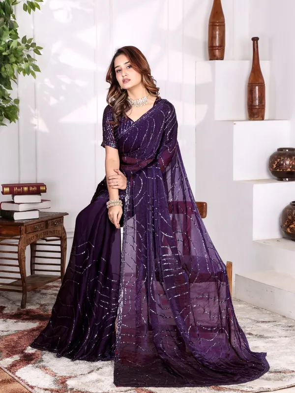 Purple_Satin_Chiffon_Sequin_Embellished_Saree_With_Blouse_For_Women