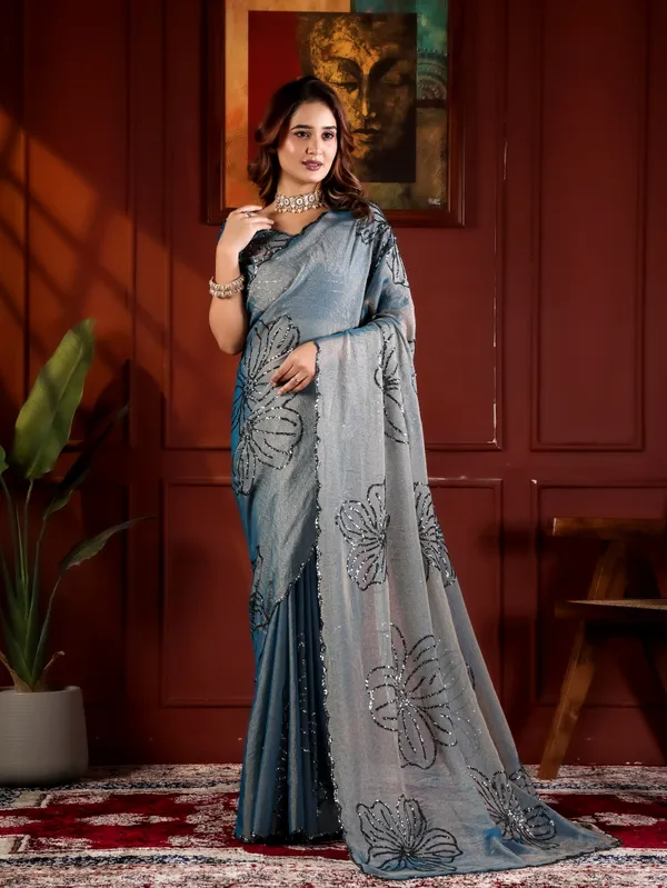 Grey_Moss_Chiffon_Sequin_Work_Saree_With_Blouse_For_Women