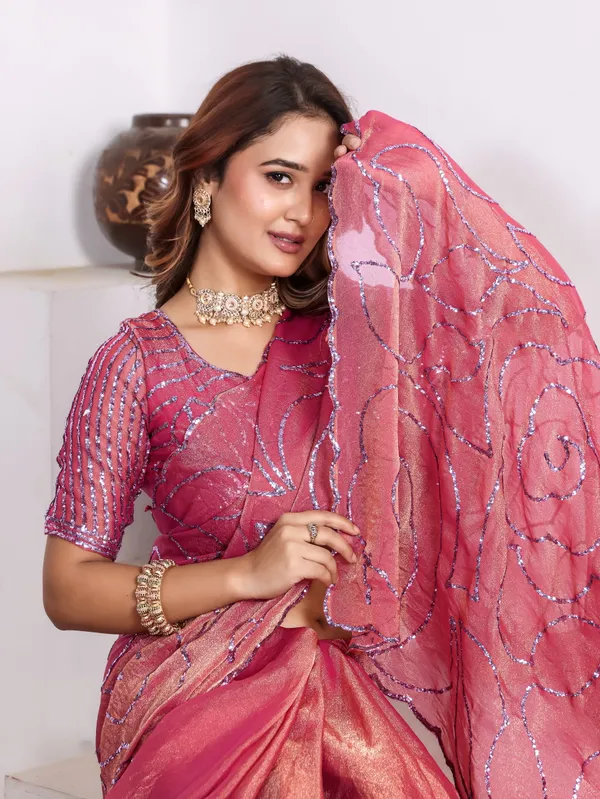 Pink_Satin_Chiffon_Sequin_Embroidered_Saree_With_Blouse_For_Women