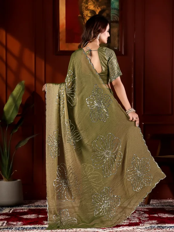 Olive_Green_Satin_Chiffon_Sequin_Embroidered_Saree_With_Blouse_For_Women