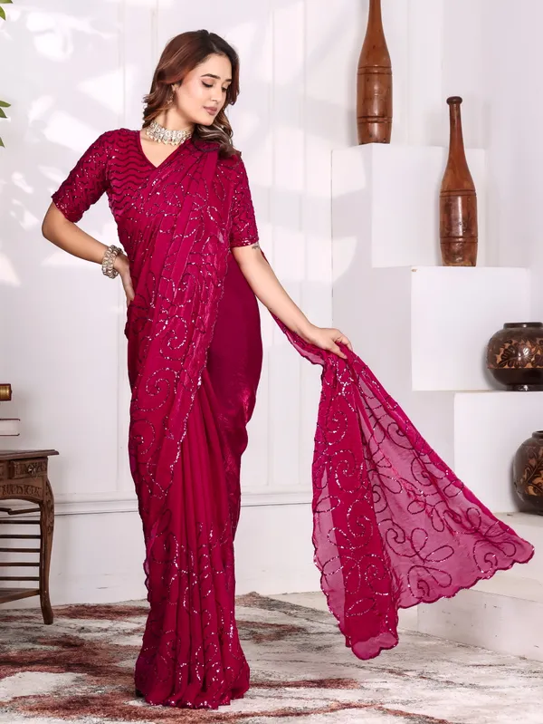 Magenta_Satin_Chiffon_Sequin_Work_Saree_With_Blouse_For_Women