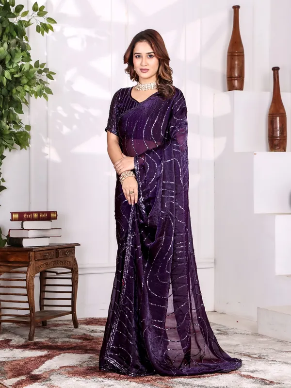 Purple_Satin_Chiffon_Sequin_Embellished_Saree_With_Blouse_For_Women