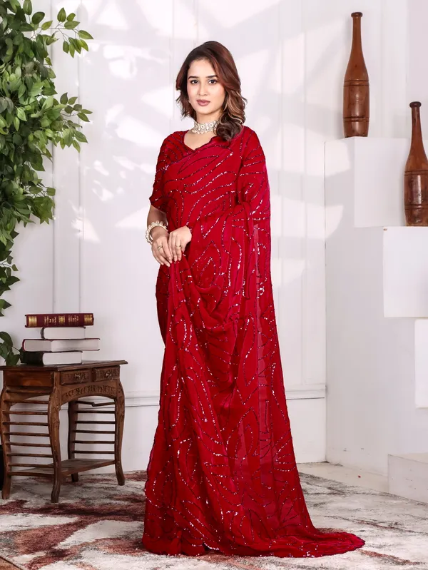 Red_Satin_Chiffon_Sequin_Embellished_Saree_With_Blouse_For_Women
