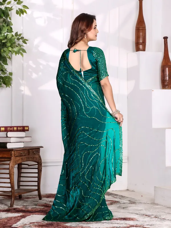Green_Satin_Chiffon_Sequin_Bandhani_Saree_With_Blouse_For_Women