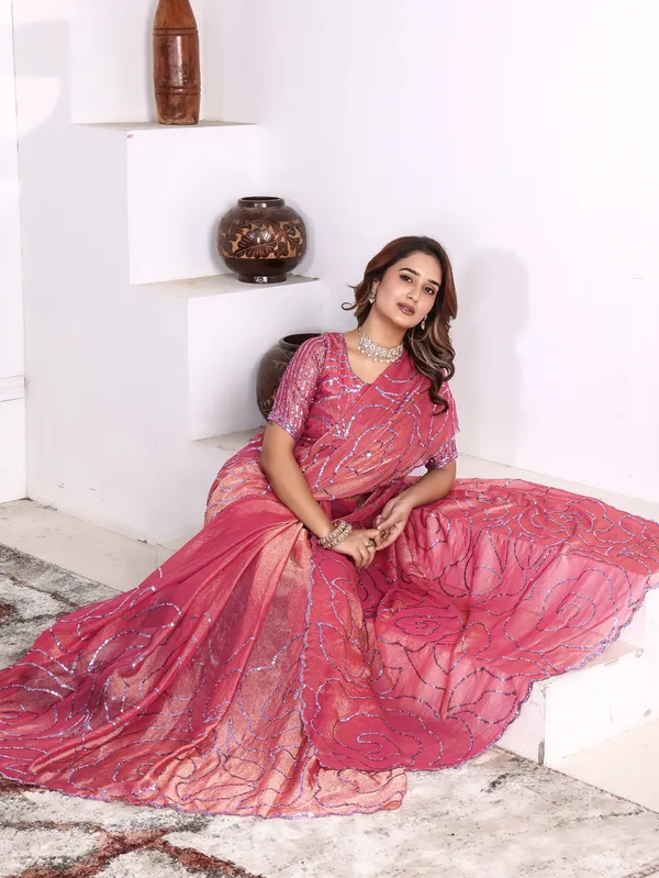 Pink_Satin_Chiffon_Sequin_Embroidered_Saree_With_Blouse_For_Women