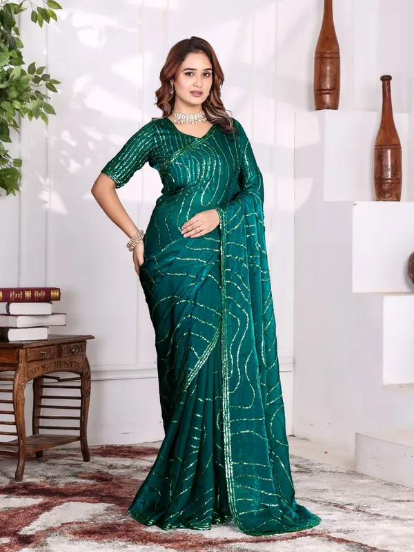 Green_Satin_Chiffon_Sequin_Bandhani_Saree_With_Blouse_For_Women
