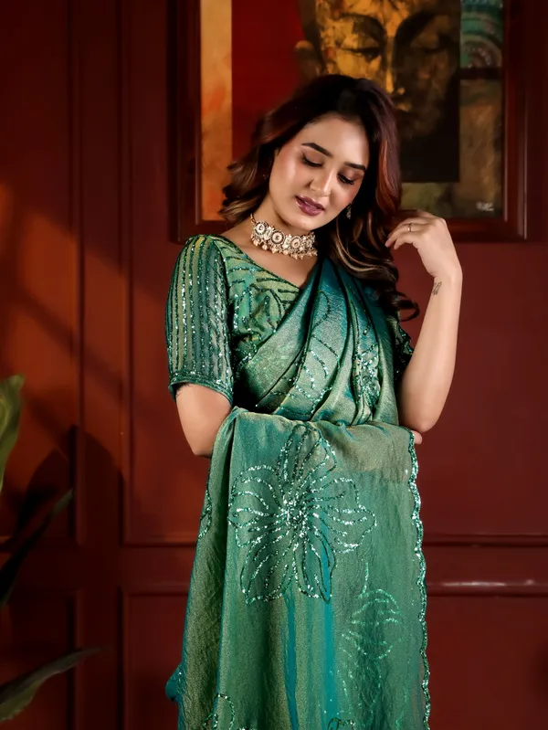 Green_Satin_Chiffon_Embellished_Saree_With_Blouse_For_Women