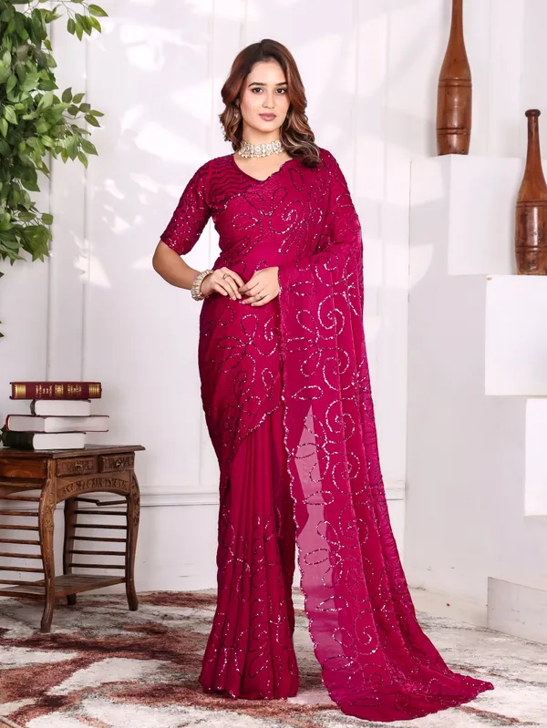 Magenta_Satin_Chiffon_Sequin_Work_Saree_With_Blouse_For_Women