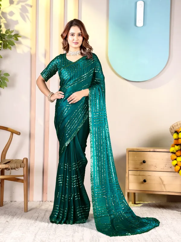 Emerald_Green_Satin_Chiffon_Sequin_Embellished_Saree_With_Blouse_For_Women