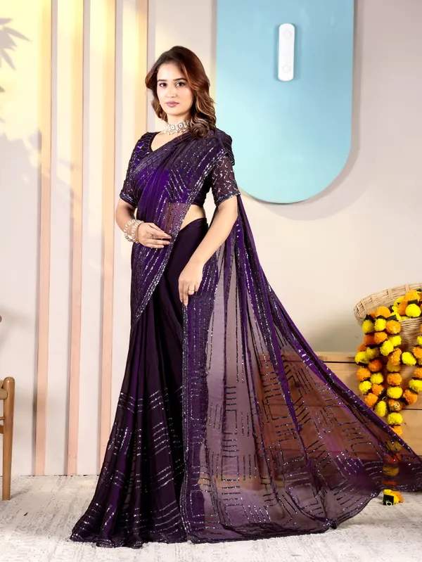 Purple_Satin_Chiffon_Sequin_Embellished_Saree_With_Blouse_For_Women