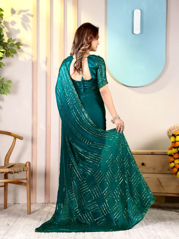 Emerald_Green_Satin_Chiffon_Sequin_Embellished_Saree_With_Blouse_For_Women