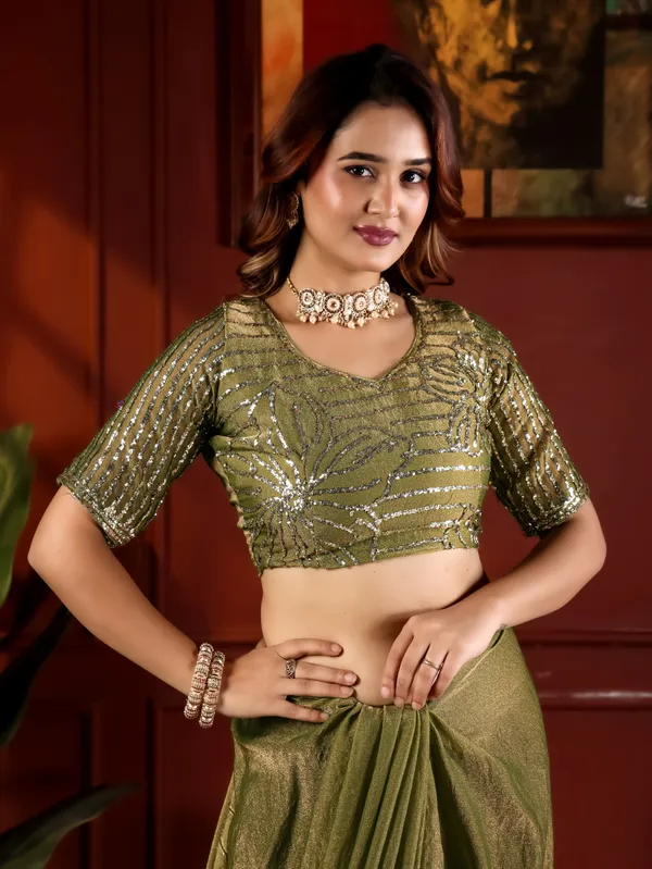Olive_Green_Satin_Chiffon_Sequin_Embroidered_Saree_With_Blouse_For_Women
