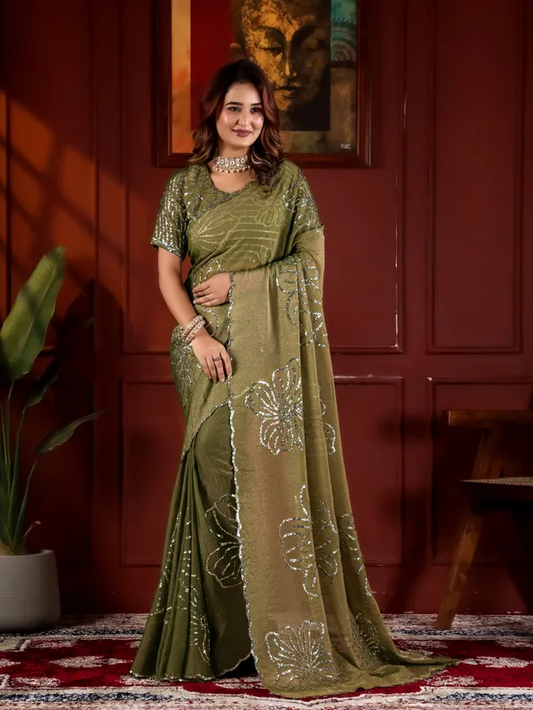 Olive_Green_Satin_Chiffon_Sequin_Embroidered_Saree_With_Blouse_For_Women