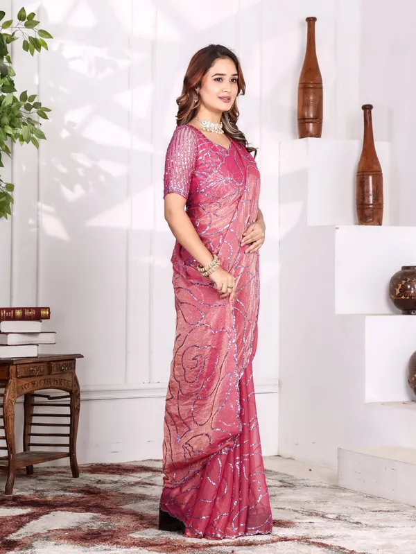 Pink_Satin_Chiffon_Sequin_Embroidered_Saree_With_Blouse_For_Women