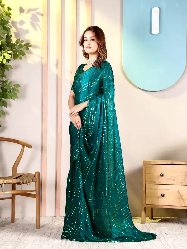 Emerald_Green_Satin_Chiffon_Sequin_Embellished_Saree_With_Blouse_For_Women