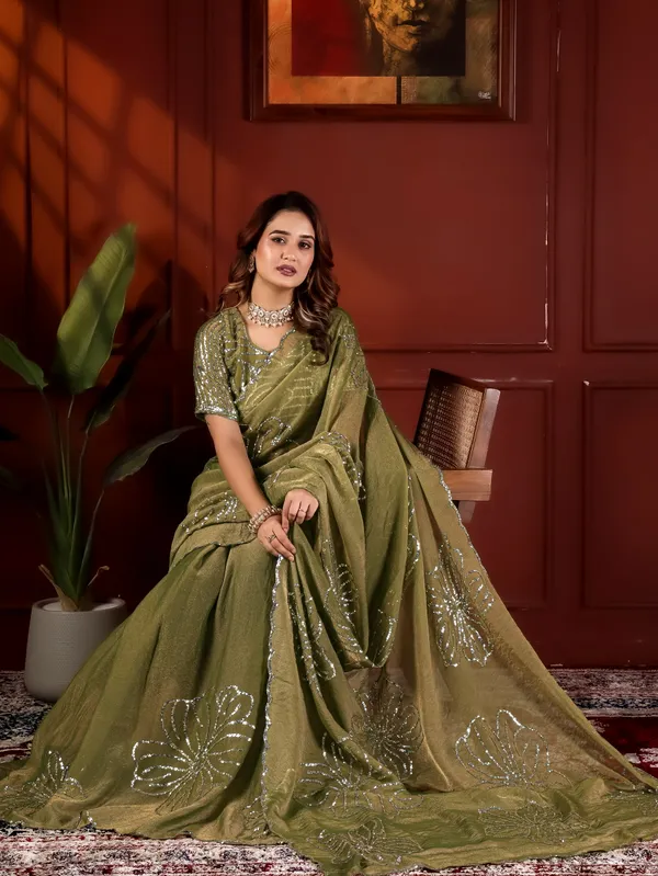 Olive_Green_Satin_Chiffon_Sequin_Embroidered_Saree_With_Blouse_For_Women