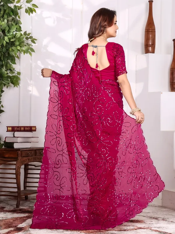 Magenta_Satin_Chiffon_Sequin_Work_Saree_With_Blouse_For_Women