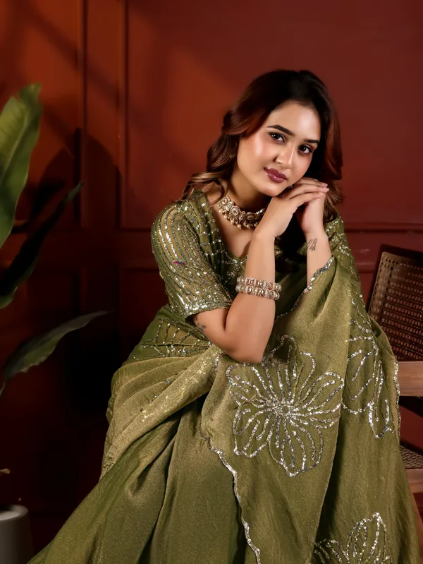 Olive_Green_Satin_Chiffon_Sequin_Embroidered_Saree_With_Blouse_For_Women