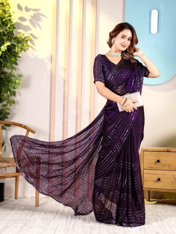 Purple_Satin_Chiffon_Sequin_Embellished_Saree_With_Blouse_For_Women