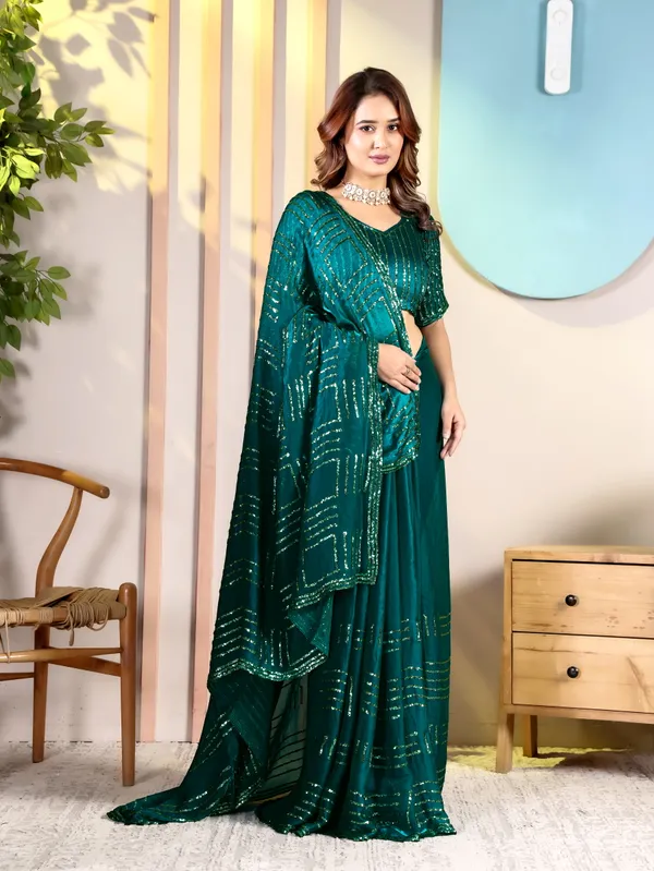 Emerald_Green_Satin_Chiffon_Sequin_Embellished_Saree_With_Blouse_For_Women