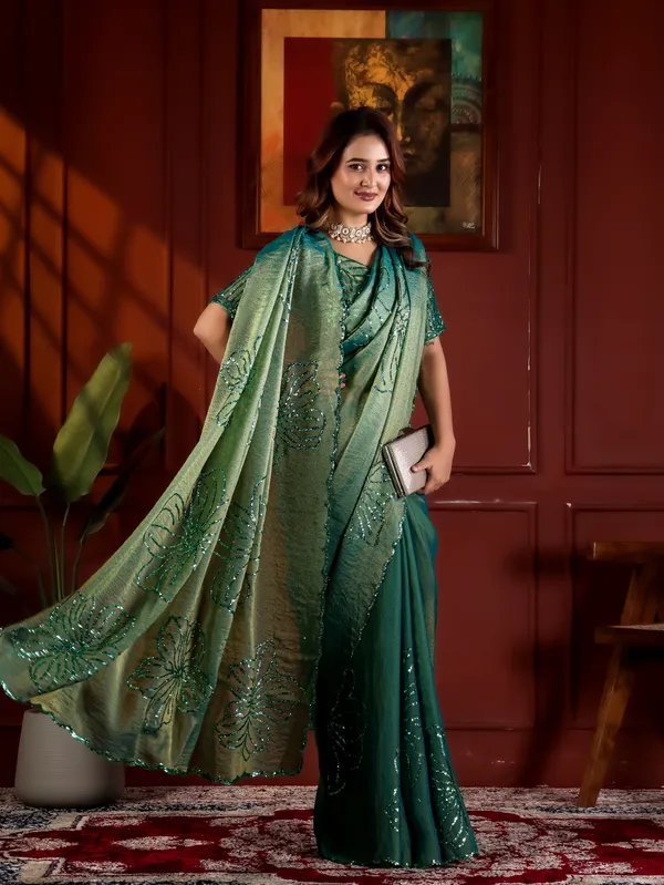 Green_Satin_Chiffon_Embellished_Saree_With_Blouse_For_Women