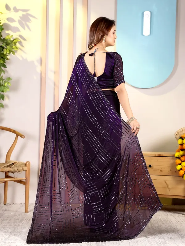 Purple_Satin_Chiffon_Sequin_Embellished_Saree_With_Blouse_For_Women