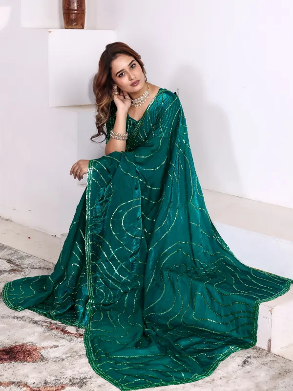 Green_Satin_Chiffon_Sequin_Bandhani_Saree_With_Blouse_For_Women