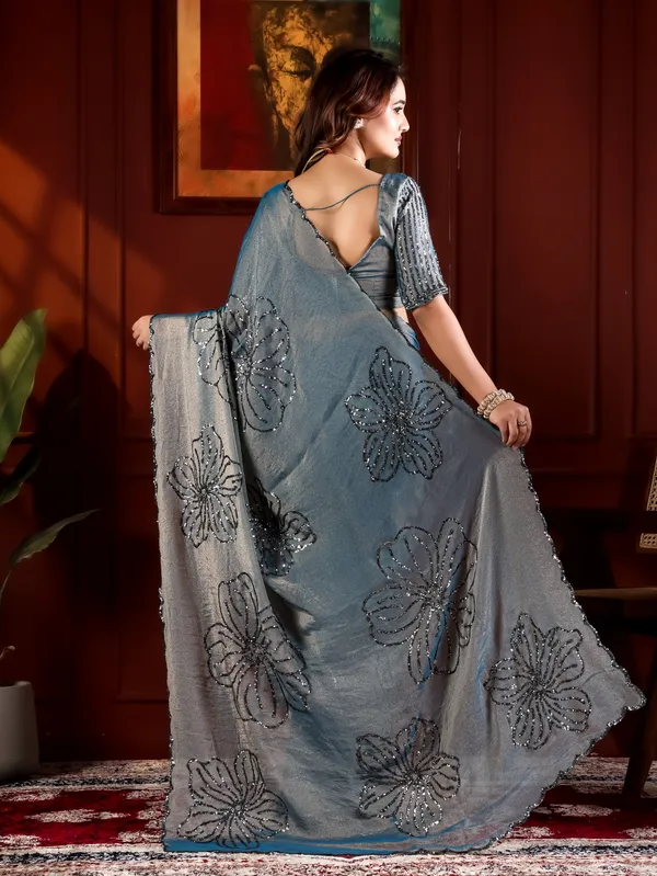 Grey_Moss_Chiffon_Sequin_Work_Saree_With_Blouse_For_Women