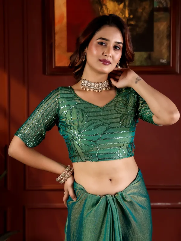 Green_Satin_Chiffon_Embellished_Saree_With_Blouse_For_Women