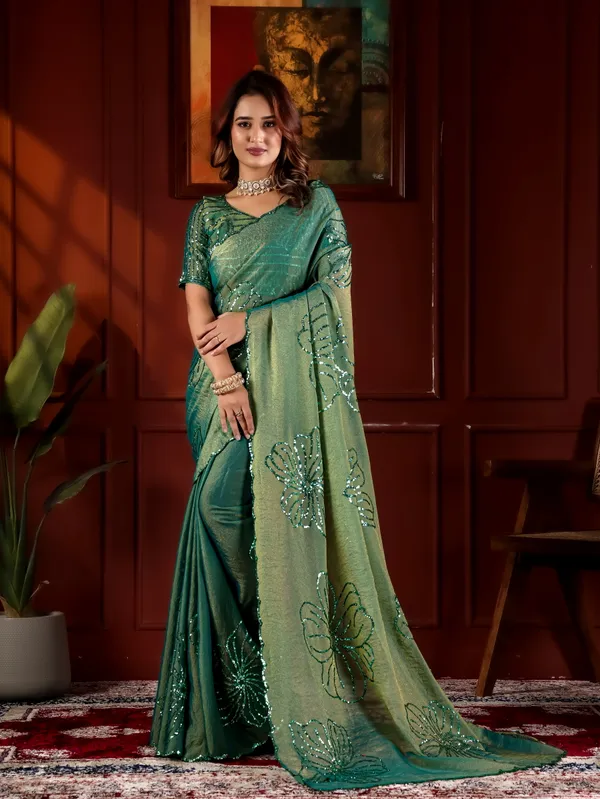 Green_Satin_Chiffon_Embellished_Saree_With_Blouse_For_Women