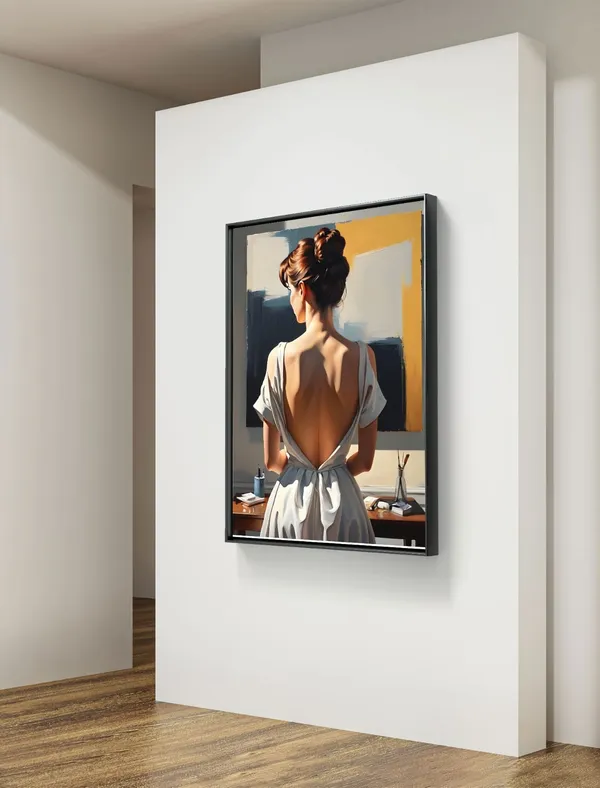 Modern_Lady_At_The_Desk_Art_Print_Metal_Gold_Frame